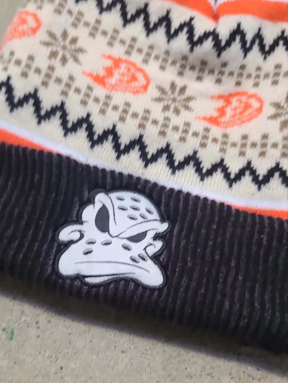 Pom-Pom Knit Hat with Duck Patch — Brown, Orange, Cream